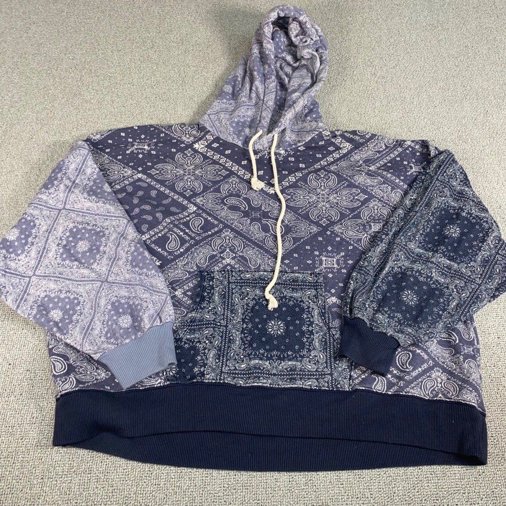 American Eagle Hoodie Womens Medium Blue Bandana Paisley Patchwork Fleece Top
